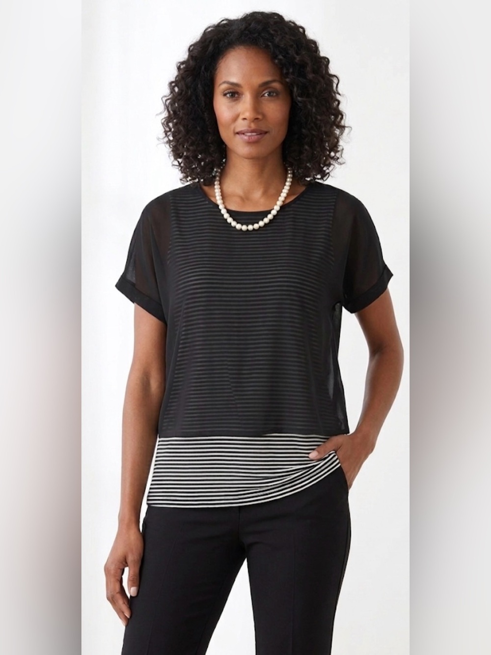 Chico's Women's Layered Look Top Black White Striped Sheer Overlay Blouse size s